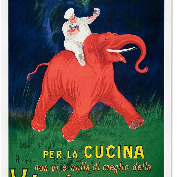 Retro style poster from Leonetto Cappiello featuring an iconic illustration of a chef on a red elephant.