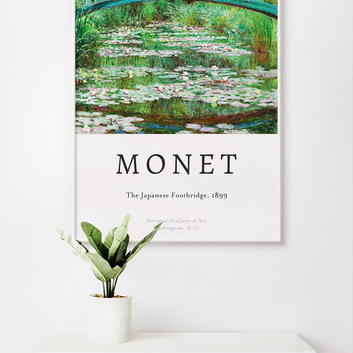 Claude Monet impressionist art poster, featuring his masterpiece 'The Japanese Footbridge' from 1893.