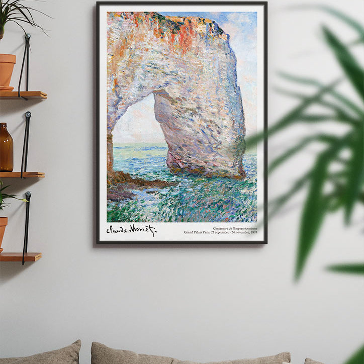 Claude Monet exhibition poster showing his artwork 'The Manneporte near Étretat' from 1883.