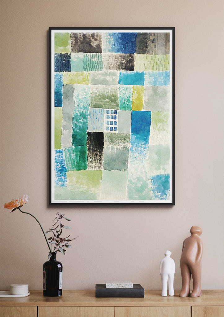 Abstract art poster featuring Paul Klee's 'First House in the Settlement' painting.