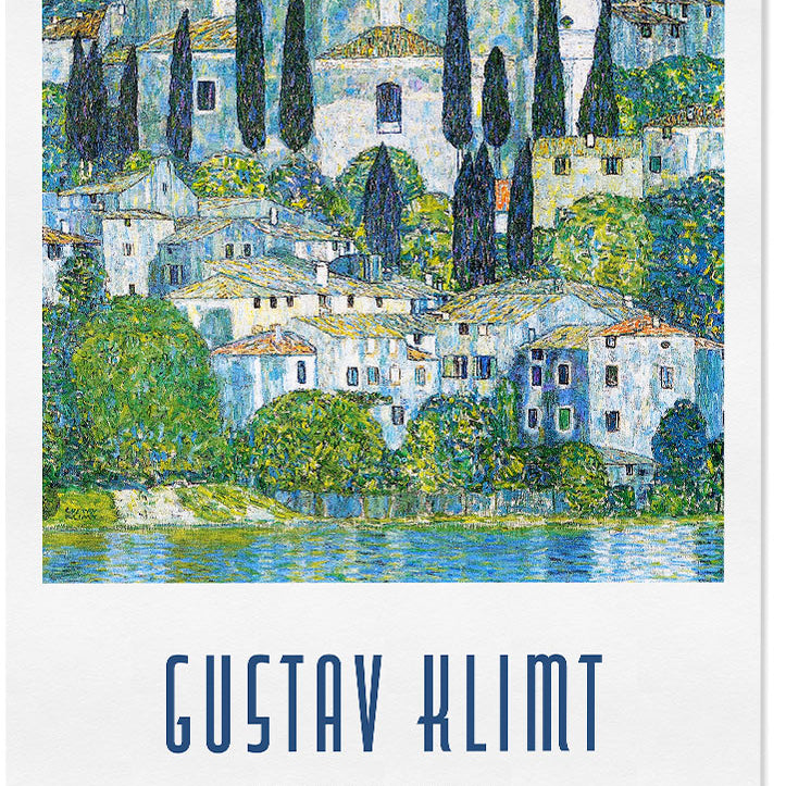 Gustav Klimt art poster featuring his painting 'Kirche in Cassone' from 1913.