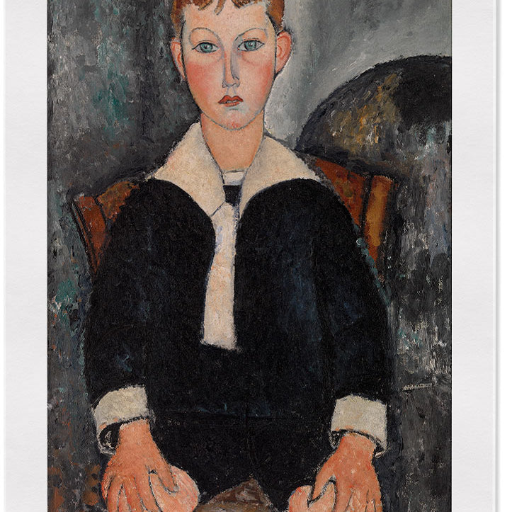 Amedeo Modigliani mid-century modern exhibition poster featuring his painting 'Boy in Sailor Suit.'