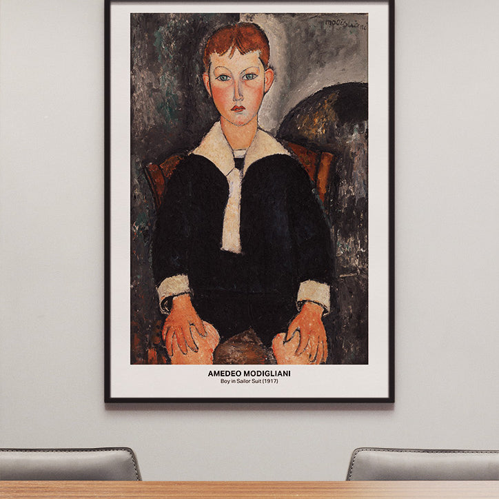 Amedeo Modigliani mid-century modern exhibition poster featuring his painting 'Boy in Sailor Suit.'