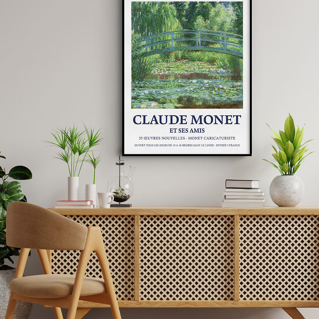 A vintage looking Claude Monet exhibition poster featuring one of his paintings from the 'Water Lilies' series.