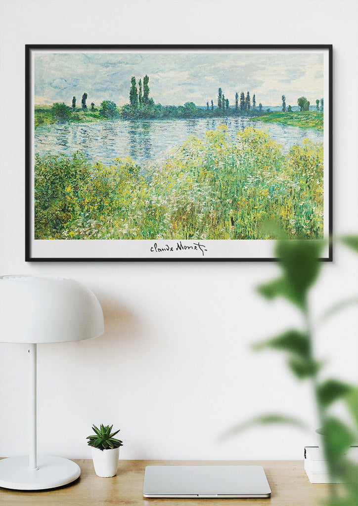 A beautiful Claude Monet art poster featuring his painting 'Banks of Seine, Vetheuil'.