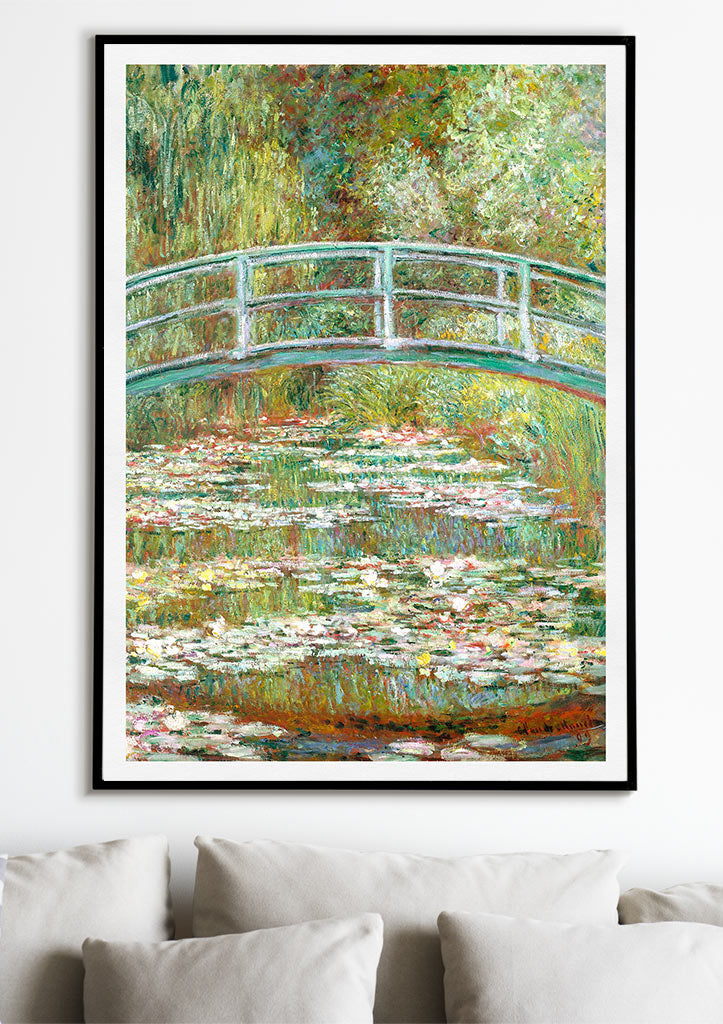 Claude Monet art poster featuring his masterpiece 'Bridge Over a Pond of Water Lilies'.