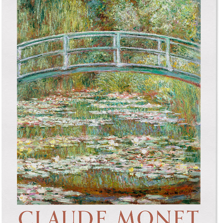 Claude Monet art poster featuring his masterpiece 'Bridge Over a Pond of Water Lilies'.
