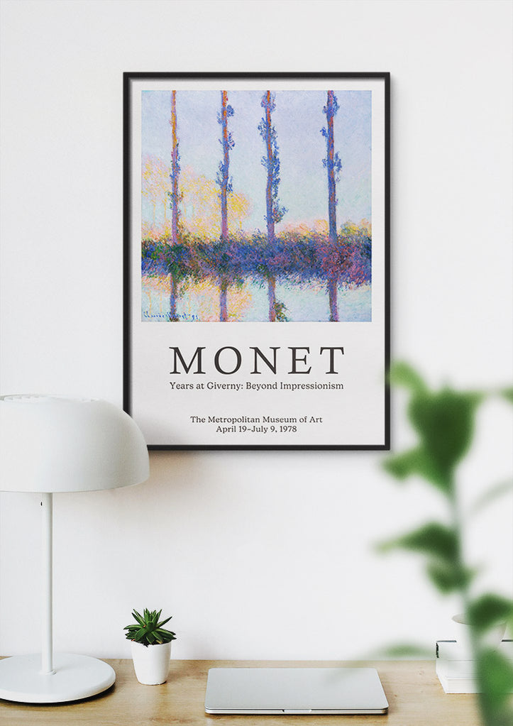 Claude Monet exhibition poster featuring his landscape painting 'The Four Trees' from 1891.
