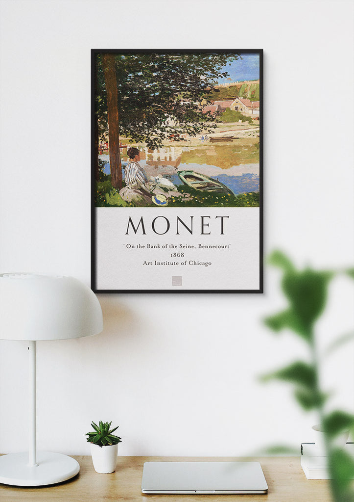 A beautiful Monet exhibition poster showing his painting 'On the Bank of the Seine, Bennecourt'.
