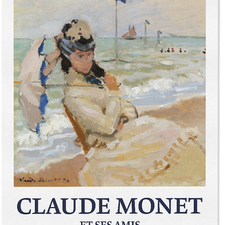 Claude Monet poster, featuring his still life painting 'Camille on the Beach at Trouville' from 1870.