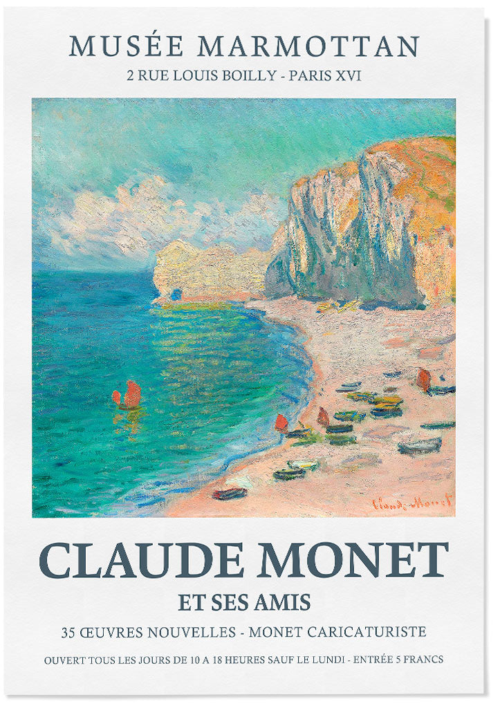 Claude Monet (1840-1926) exhibition poster for Musee Marmottan, featuring his painting 'Étretat: The Beach and the Falaise d’Amont' from 1885.