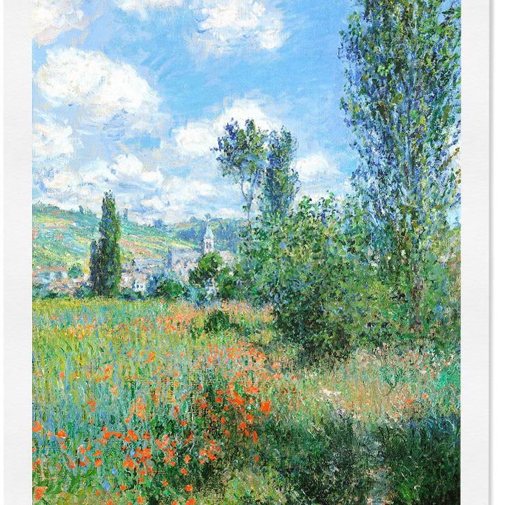 Claude Monet exhibition poster, featuring his painting 'View of Vétheuil' from 1897.