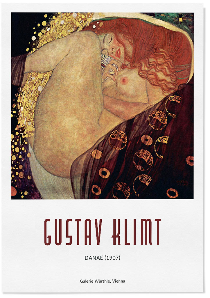 Gustav Klimt poster featuring his artwork 'Danaë' from 1907.