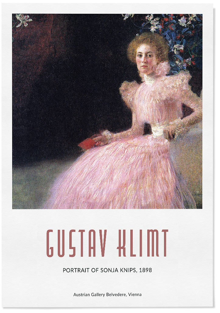 Gustav Klimt art poster featuring his artwork 'Portrait of Sonja Knips' from 1889.