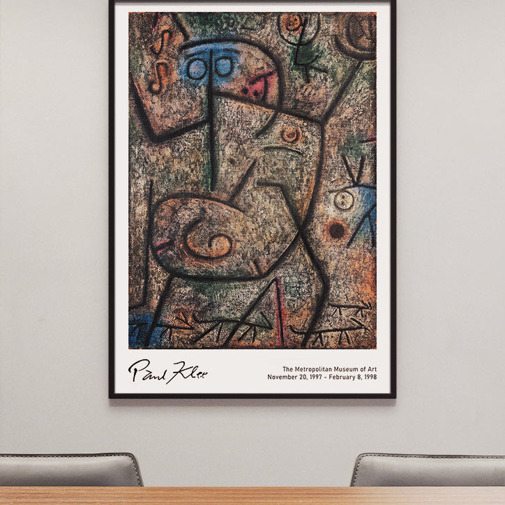 Modern art exhibition poster featuring Paul Klee's 'Rumors' painting.