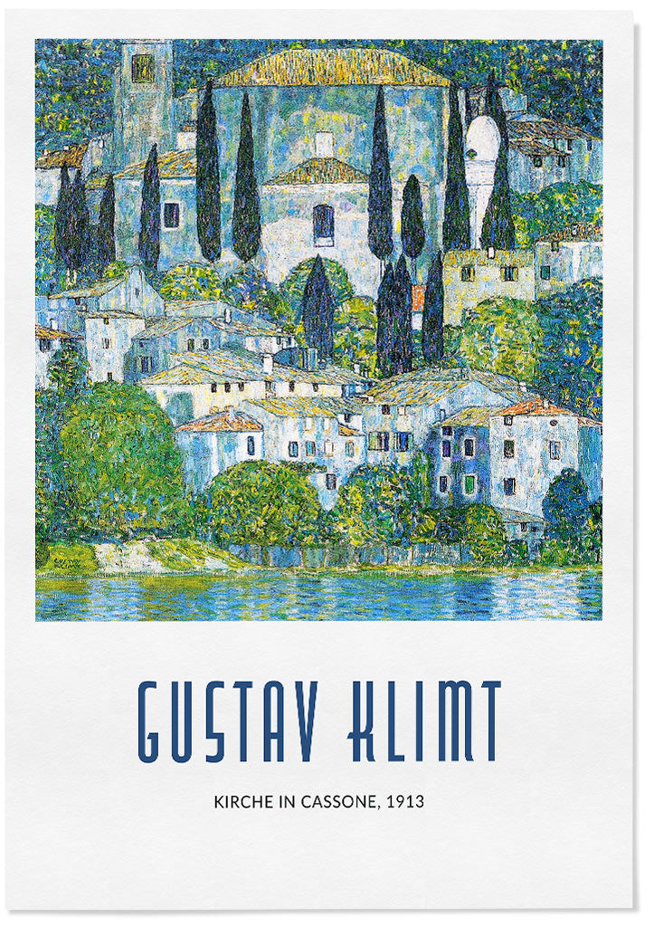 Gustav Klimt art poster featuring his painting 'Kirche in Cassone' from 1913.