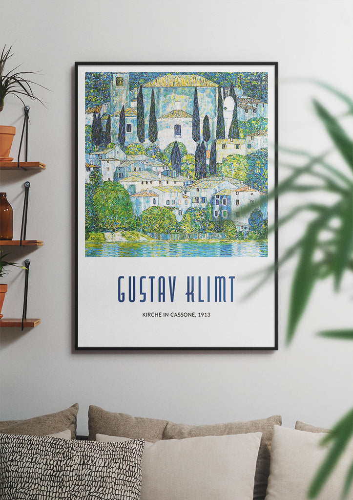 Gustav Klimt art poster featuring his painting 'Kirche in Cassone' from 1913.