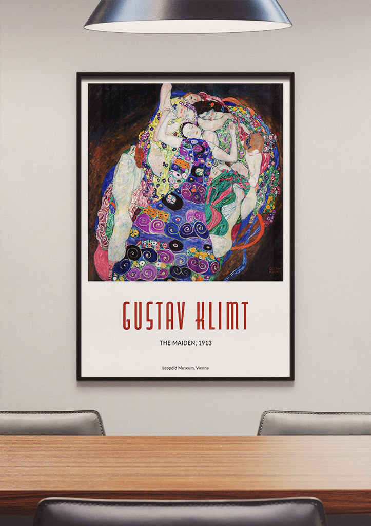 Gustav Klimt poster featuring his artwork 'The Maiden (Die Jungfrau)' from 1913. 