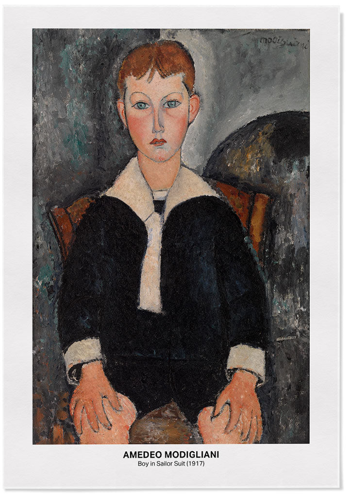 Amedeo Modigliani mid-century modern exhibition poster featuring his painting 'Boy in Sailor Suit.'