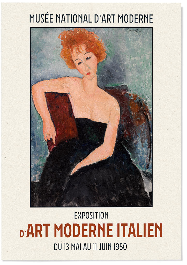 Amedeo Modigliani exhibition posters featuring his painting 'Portrait of the Red-Headed Woman'.