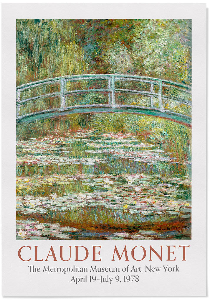 Claude Monet art poster featuring his masterpiece 'Bridge Over a Pond of Water Lilies'.