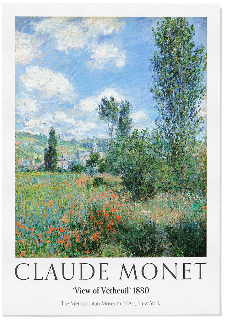 Claude Monet exhibition poster, featuring his landscape painting 'View of Vétheuil' from 1897. 